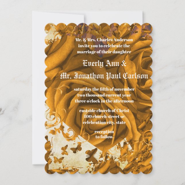 Invitation Coeurs d'or rose et Mariage Rose (Devant)