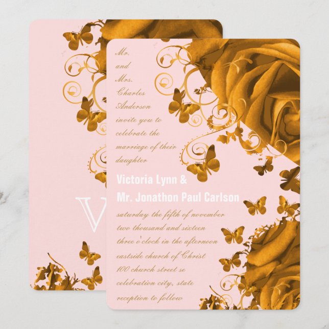 Invitation Coeurs d'or rose et Mariage Rose (Devant / Derrière)