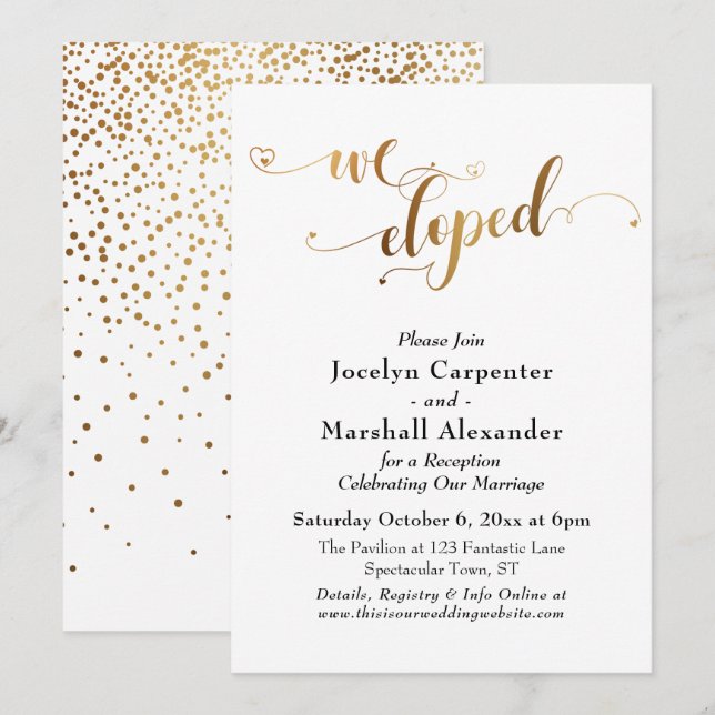 Invitation Cœurs dorés Écrit Nous nous sommes enfuis Confetti (Devant / Derrière)