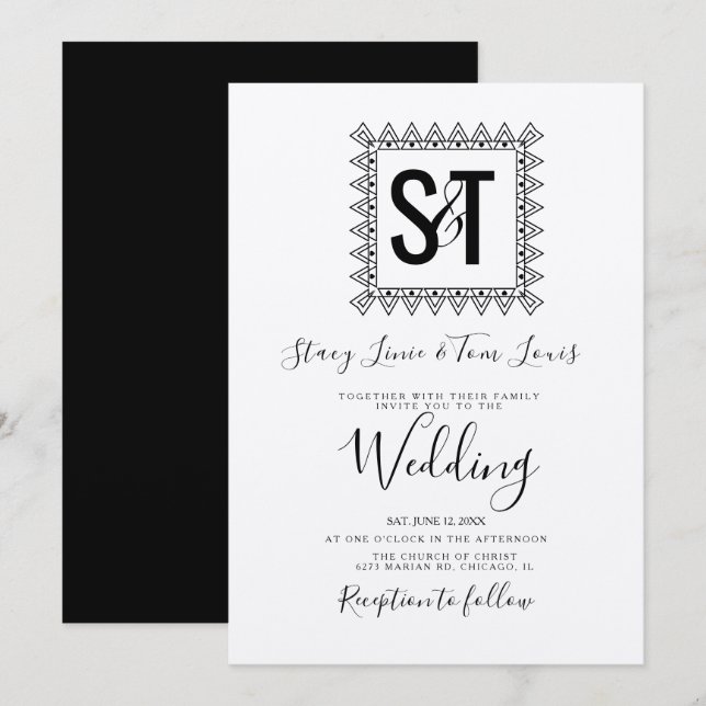 Invitation Cœurs Élégants & Cadre Mariage kraft Noir Blanc (Devant / Derrière)