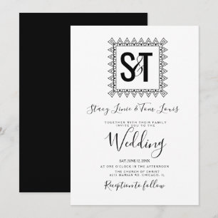 Invitation Cœurs Élégants & Cadre Mariage Noir Blanc