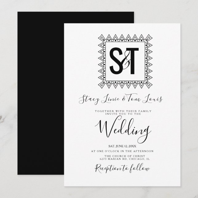 Invitation Cœurs Élégants & Cadre Mariage Noir Blanc (Devant / Derrière)