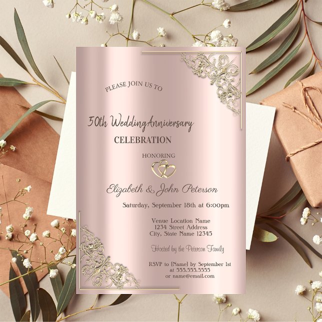 Invitation Cœurs Élégants Cadre Or Rose Mariage (Créateur téléchargé)