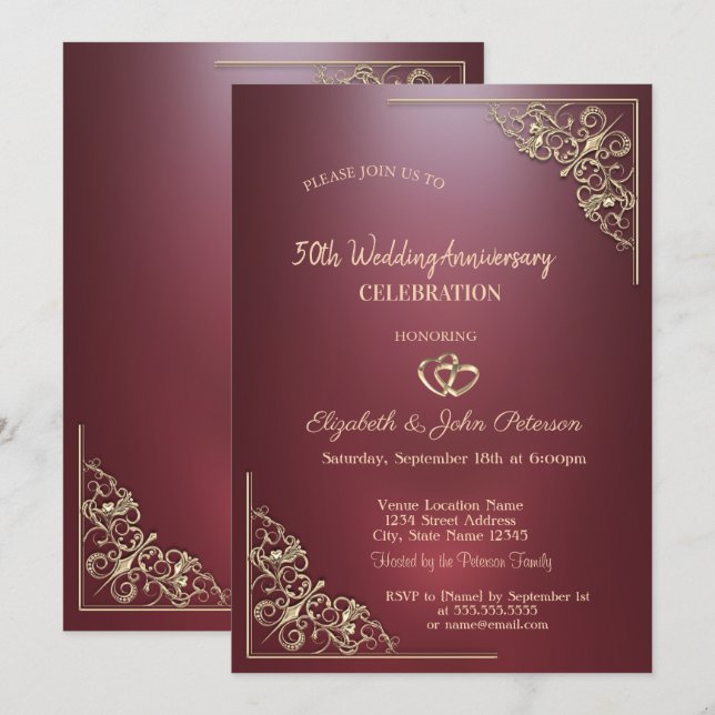 Invitation Cœurs Élégants Cadre Rouge Foncé Mariage Anniversa (Devant / Derrière)
