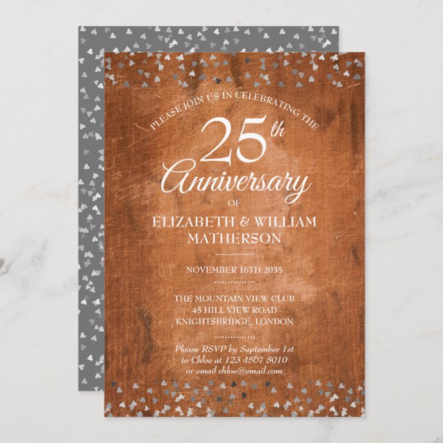 Invitation Cœurs en argent pour 25e anniversaire de mariage B (Devant / Derrière)