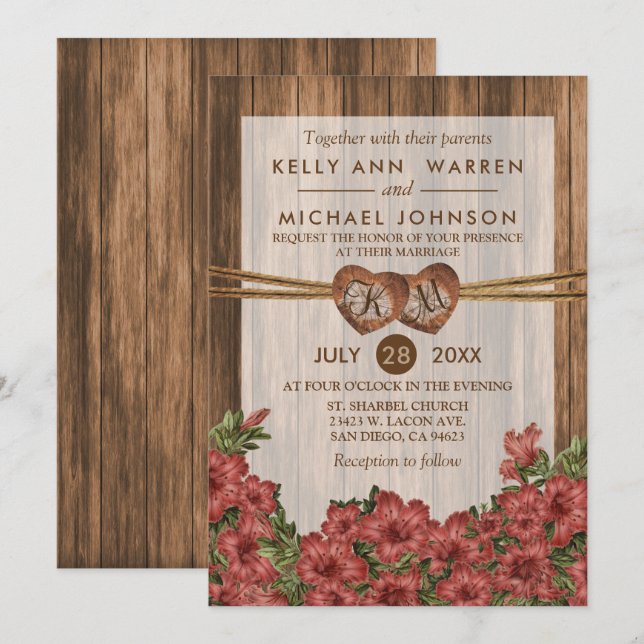 Invitation Coeurs en bois de monogramme avec napperons Roses  (Devant / Derrière)