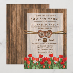 Invitation Coeurs en bois monogramme avec tulipes rouges