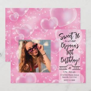 Invitation Cœurs en bulles roses, fête d'anniversaire girly m