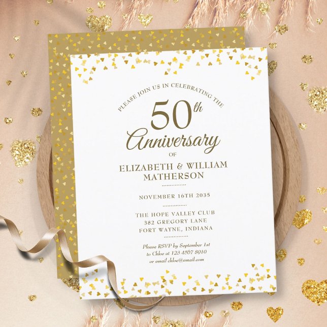 Invitation Cœurs en Or 50e Anniversaire Budget (Budget 50th Anniversary Gold Hearts Invitation)
