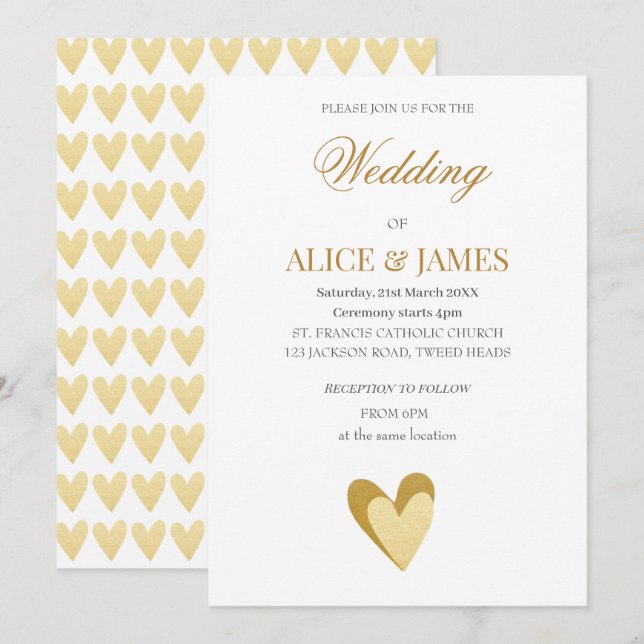 Invitation Cœurs en or de mariage (Devant / Derrière)