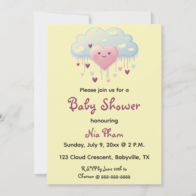 Invitation Coeurs et Baby shower nuageux modifiables (Devant)