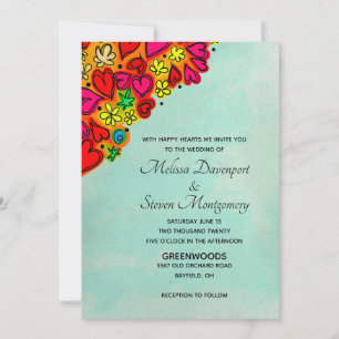 Invitation Coeurs et fleurs de Doodle mignon Mariage