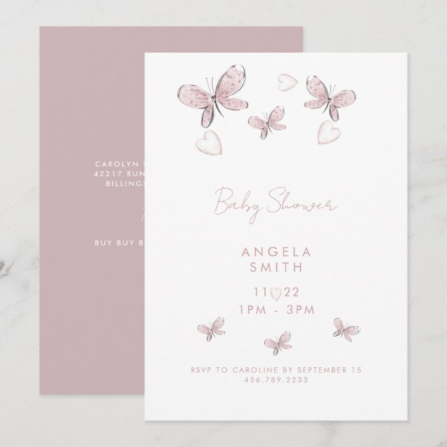 Invitation Coeurs et papillons rose doux Rose poussiéreux (Devant / Derrière)