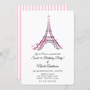 Invitation Coeurs et papillons roses Paris Tour Eiffel