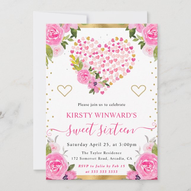 Invitation Cœurs Fleurs Or Rose Aquarelle Sweet 16 (Devant)
