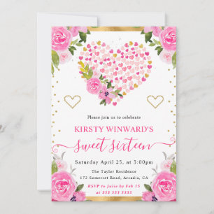 Invitation Cœurs Fleurs Or Rose Aquarelle Sweet 16