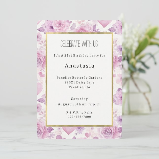 Invitation Cœurs Fleurs Roses Violettes Anniversaire (Debout devant)