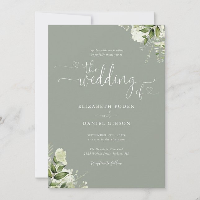 Invitation Cœurs Floraux de Verdure Écriture Mariage Vert Sau (Devant)