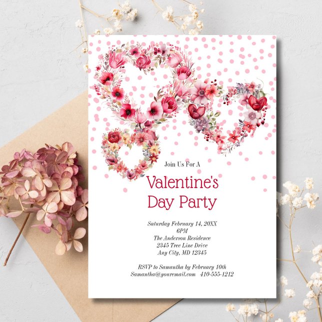 Invitation Coeurs floraux roses Saint-Valentin (Pink Red Hearts Flowers Valentine's Galentine's Day party invitation)