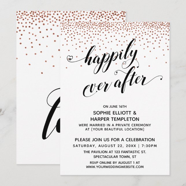 Invitation Cœurs Happily Ever Ever Script Confettis en cuivre (Devant / Derrière)