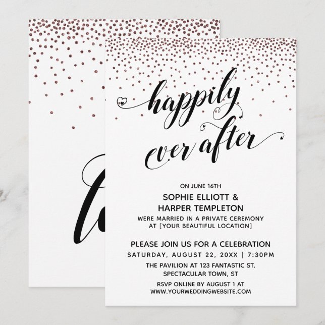 Invitation Cœurs Happily Ever Ever Script Rose Gold Confetti (Devant / Derrière)