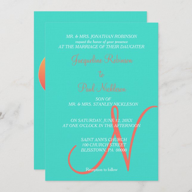 Invitation Coeurs Monogrammes Turquoise (Devant / Derrière)