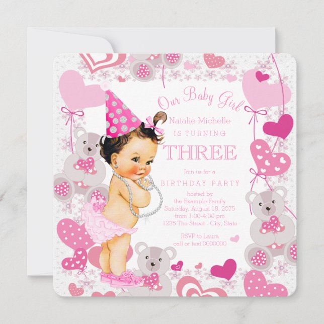 Invitation Coeurs Nounours rose Filles 3e fête d'anniversaire (Devant)