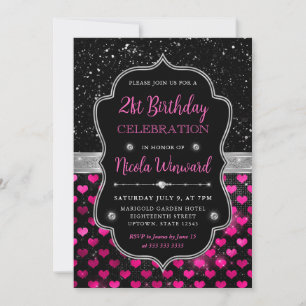 Invitation Cœurs Pailletés Rose et Noir pour 21e Anniversaire