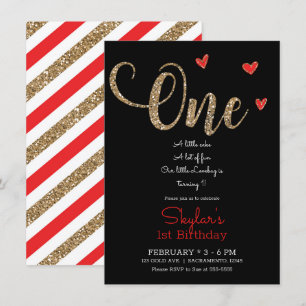 Invitation Cœurs Pailletés Rouge & Or 1er 1er Anniversaire UN
