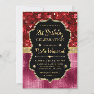Invitation Cœurs Pailletés Rouges et 21e Anniversaire Rose so