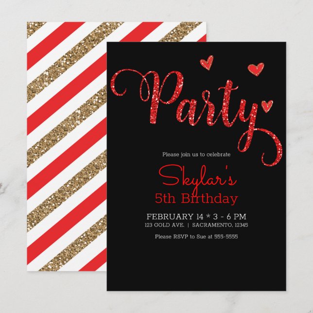 Invitation Cœurs Pailletés Rouges Saint-Valentin Fête d'anniv (Devant / Derrière)