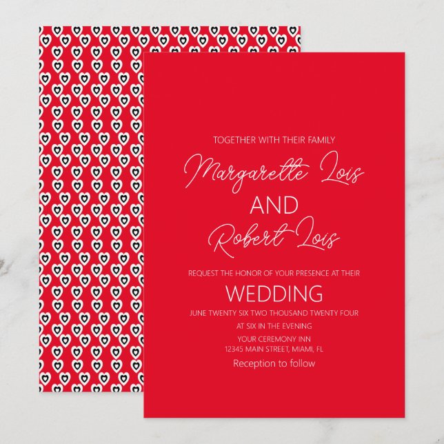 Invitation Cœurs romantiques amour rouge  noir mariage   (Devant / Derrière)