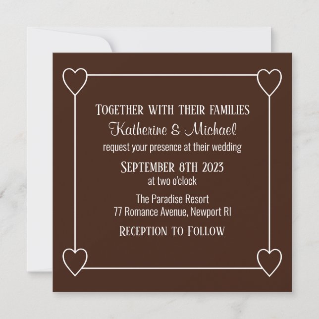 Invitation Cœurs Romantiques Mariage Moderne Simple Marron Fo (Devant)