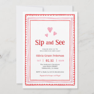 Invitation Coeurs rose et rouge Nouveau bébé Sip et voir