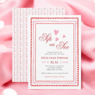 Invitation Coeurs rose et rouge Nouveau bébé Sip et voir fill