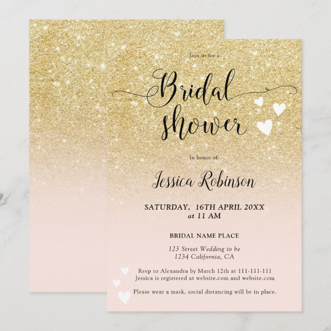Invitation Coeurs rose or chic script douche nuptiale chic (Devant / Derrière)
