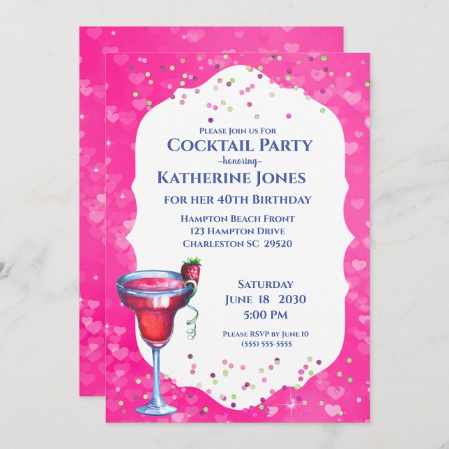 Invitation Coeurs roses Daiquiri Anniversaire Cocktail Party (Devant / Derrière)