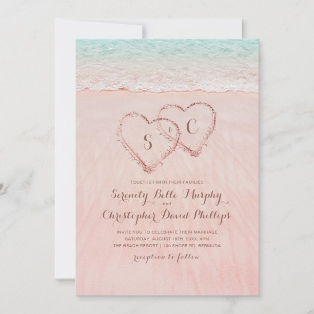 Invitation Coeurs roses dans le mariage plage de destination  (Devant)