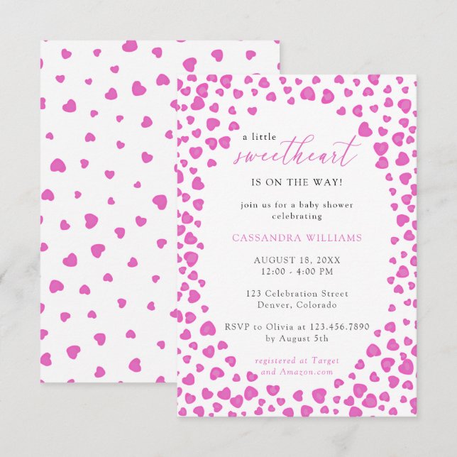 Invitation Coeurs roses encadrent un petit Baby shower amoure (Devant / Derrière)
