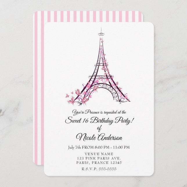 Invitation Cœurs roses et papillons Paris Tour Eiffel Fête (Devant / Derrière)