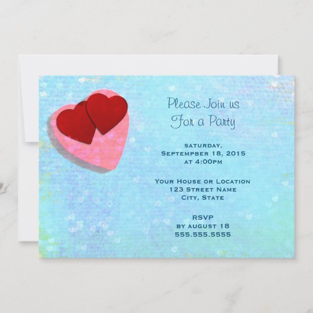 Invitation Cœurs roses et rouges sur une fête générique bleue (Devant)