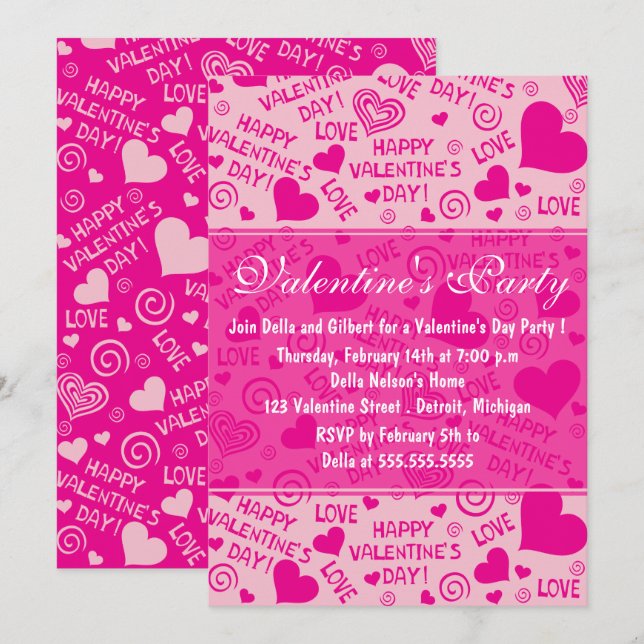 Invitation Coeurs roses et typographie Saint Valentin (Devant / Derrière)