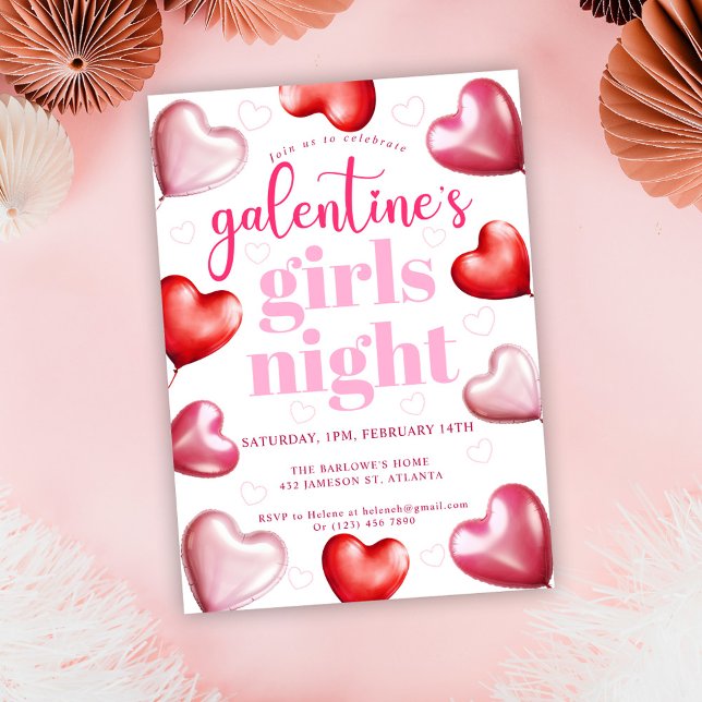 Invitation Coeurs roses La Saint-Valentin des filles de la Sa (Girly Cute Fun Valentine's Galentine's Girls Night Invitation)