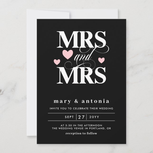 Invitation Coeurs roses Mme et Mme Lesbian Mariage Deux en un (Devant)