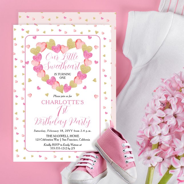 Invitation Coeurs roses Petite amoureuse 1ère fête d'annivers (Our Little Sweetheart Is Turning One Sweet Hearts Theme Girl 1st Birthday Invitation Print | Digital)