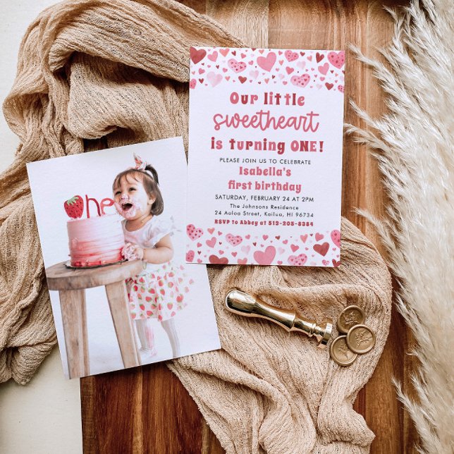 Invitation Coeurs roses Petite amoureuse Photo Premier annive (Créateur téléchargé)