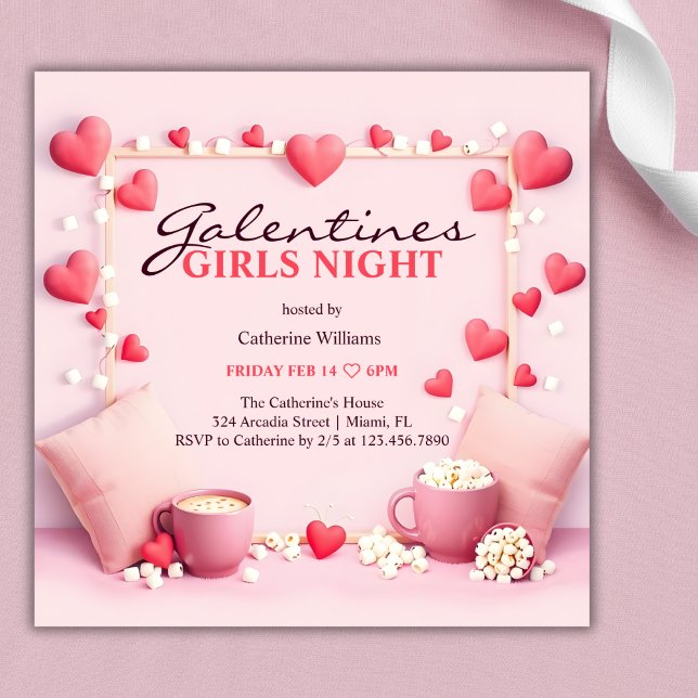 Invitation Coeurs roses Popcorn Fête de la Saint-Galentin des (Pink Hearts Popcorn Galentine's Girls Night Party Invitation)