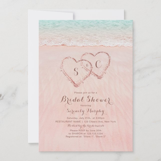 Invitation Cœurs roses sur la plage dans le sable pour la dou (Devant)