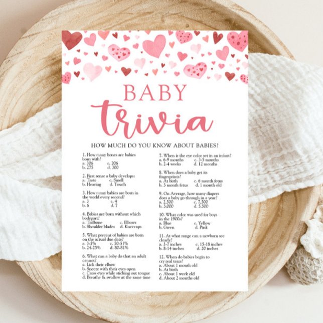 Invitation Coeurs roses Valentine Baby Trivia Baby shower Jeu (Watercolor Cute Pink Red Hearts Valentine A Little Sweetheart Girl Baby Trivia Baby Shower Game)