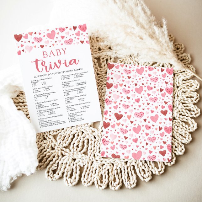 Invitation Coeurs roses Valentine Baby Trivia Baby shower Jeu (Watercolor Cute Pink Red Hearts Valentine A Little Sweetheart Girl Baby Trivia Baby Shower Game)